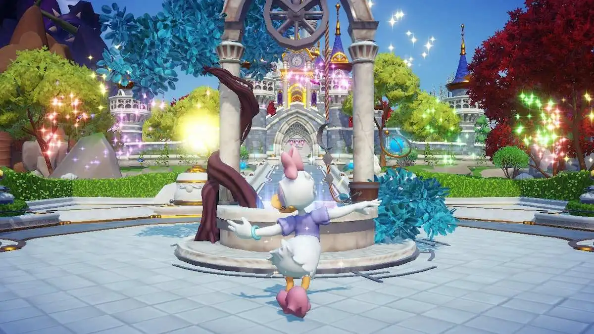 Daisy Duck spinning around in front of the plaza well in Disney Dreamlight Valley.