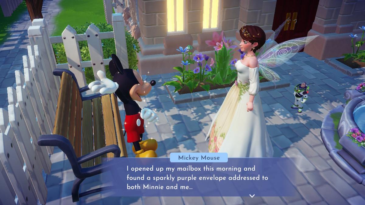 A fem-presenting Disney Dreamlight Valley avatar is talking to Mickey Mouse about the purple letter he received.