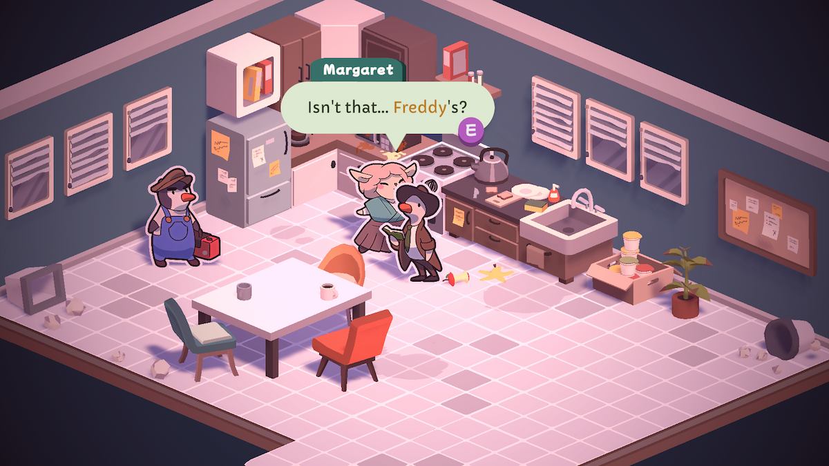 Talking about Freddy's bag in Duck Detective.