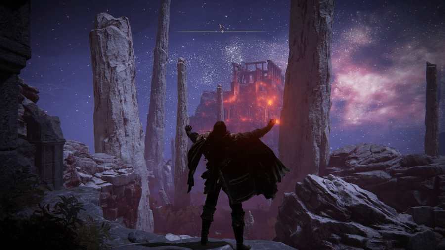 An overlook of Mohgwyn Palace, shortly after entering through the teleporter in Elden Ring.