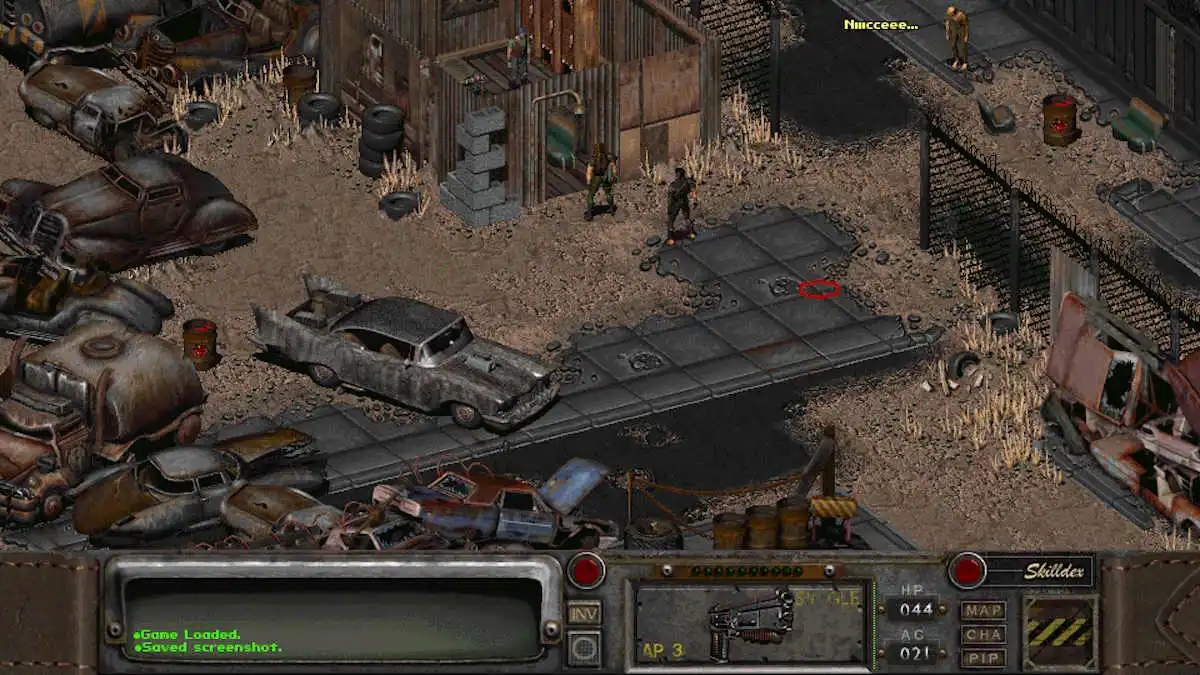 Main character approaching a raider in junkyard area in Fallout 1