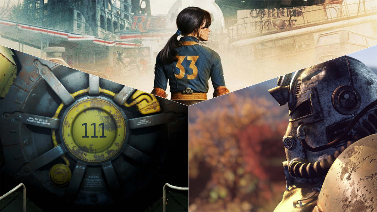 Collage of Fallout TV Lucy, Fallout 76 Power Armor and Fallout 4 Vault 111 door