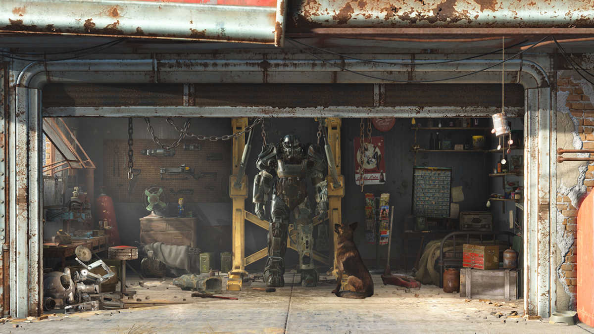 A dog looking at power armor hung in a garage in Fallout 4