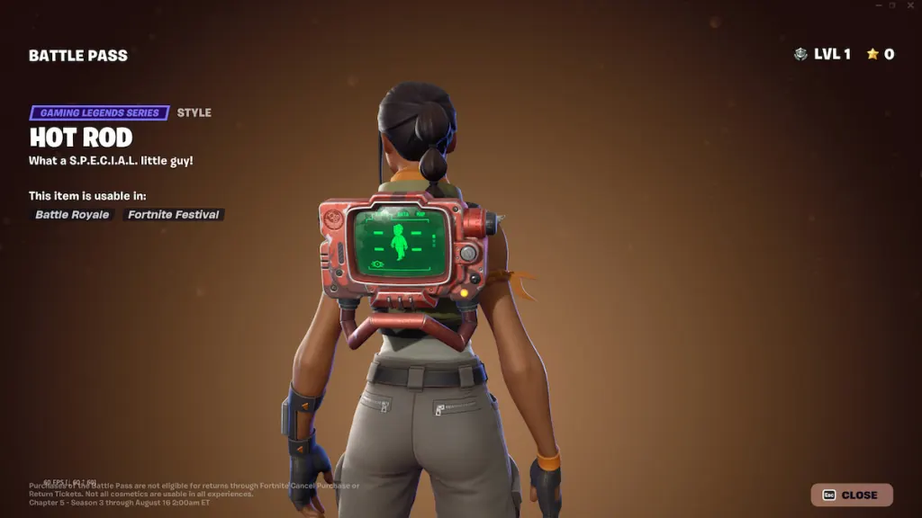 The Fallout-themed Hot Rod backbling cosmetic in Fortnite