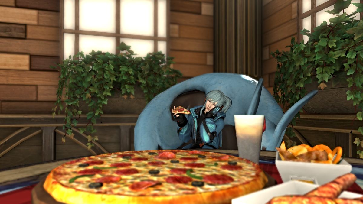 Pizza emote with soda in Final Fantasy XIV