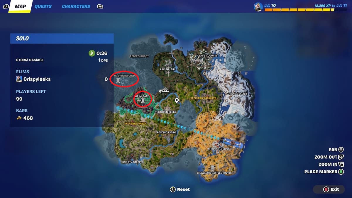 Fortnite's map with The Underworld and Grim Gate locations marked on it