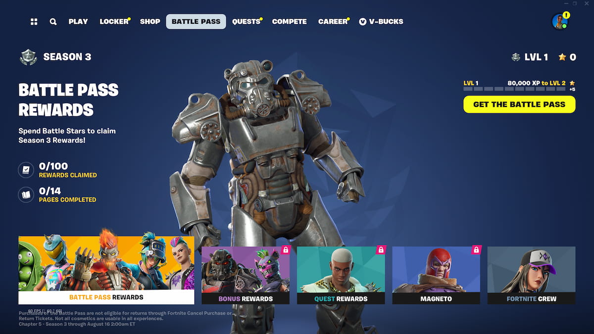 The main Battle Pass menu in Fortnite, with the Battle Pass Rewards menu highlighted in the bottom left