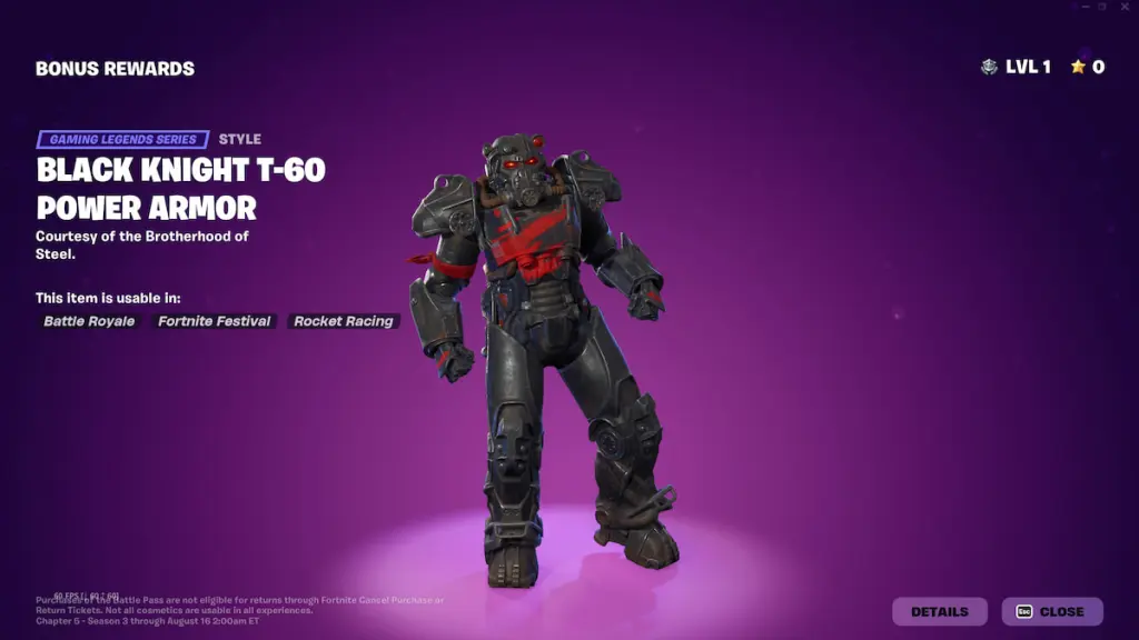 The Fallout-themed Black Knight T-60 Power Armor skin in Fortnite