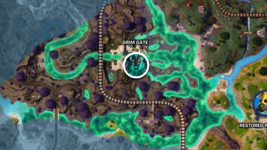 Map location of Cerberus NPC at the Grim Gate in Fortnite Chapter 5 Season 3