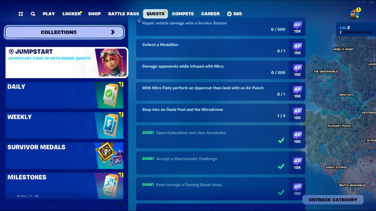 The Collections button in the Quests menu in Fortnite Season 3