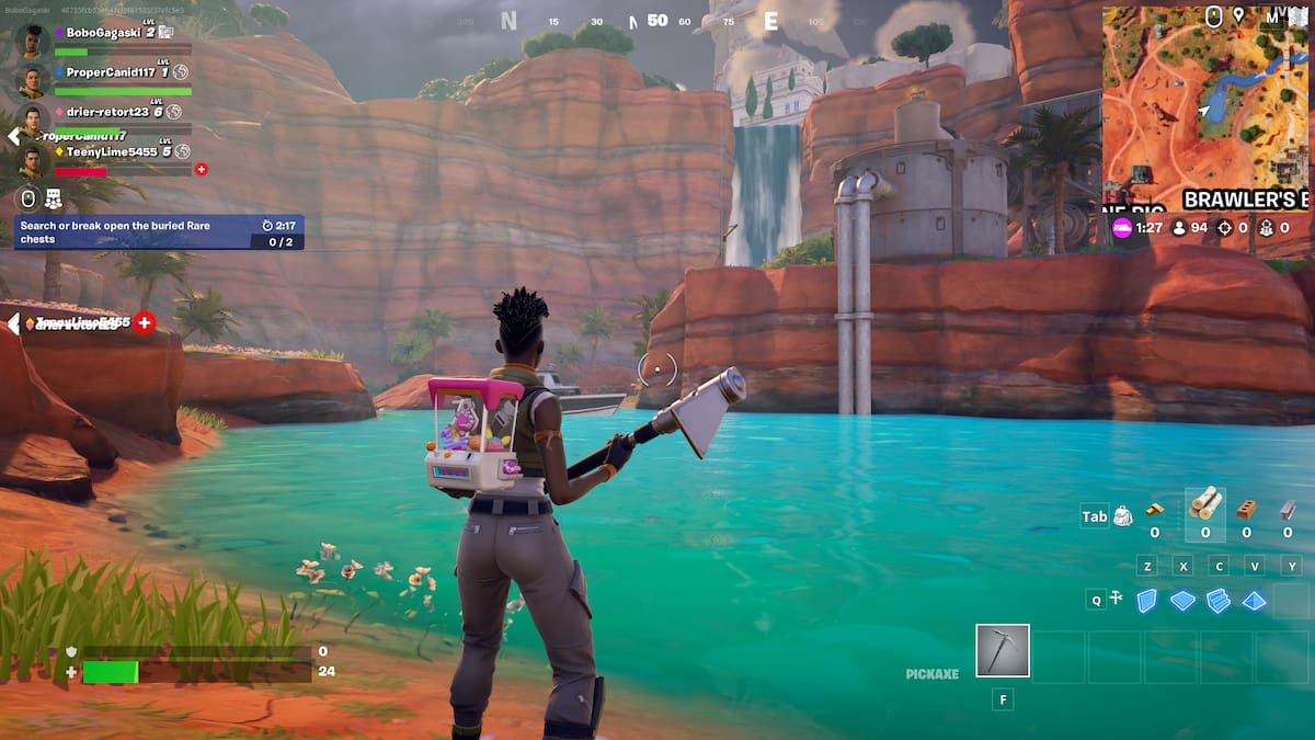 The player viewing one of the locations as part of the Welcome to the Wasteland quest series in Fortnite