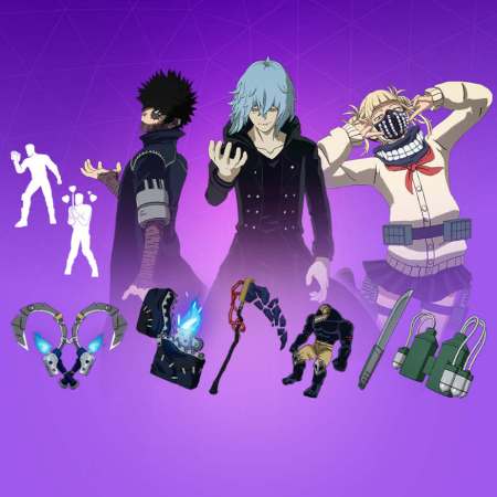 Fortnite bundle with My Hero Academia villains Dabi, Himoko, and Tomura skins