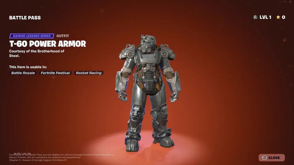 The Fallout-themed T-60 Power Armor skin in Fortnite