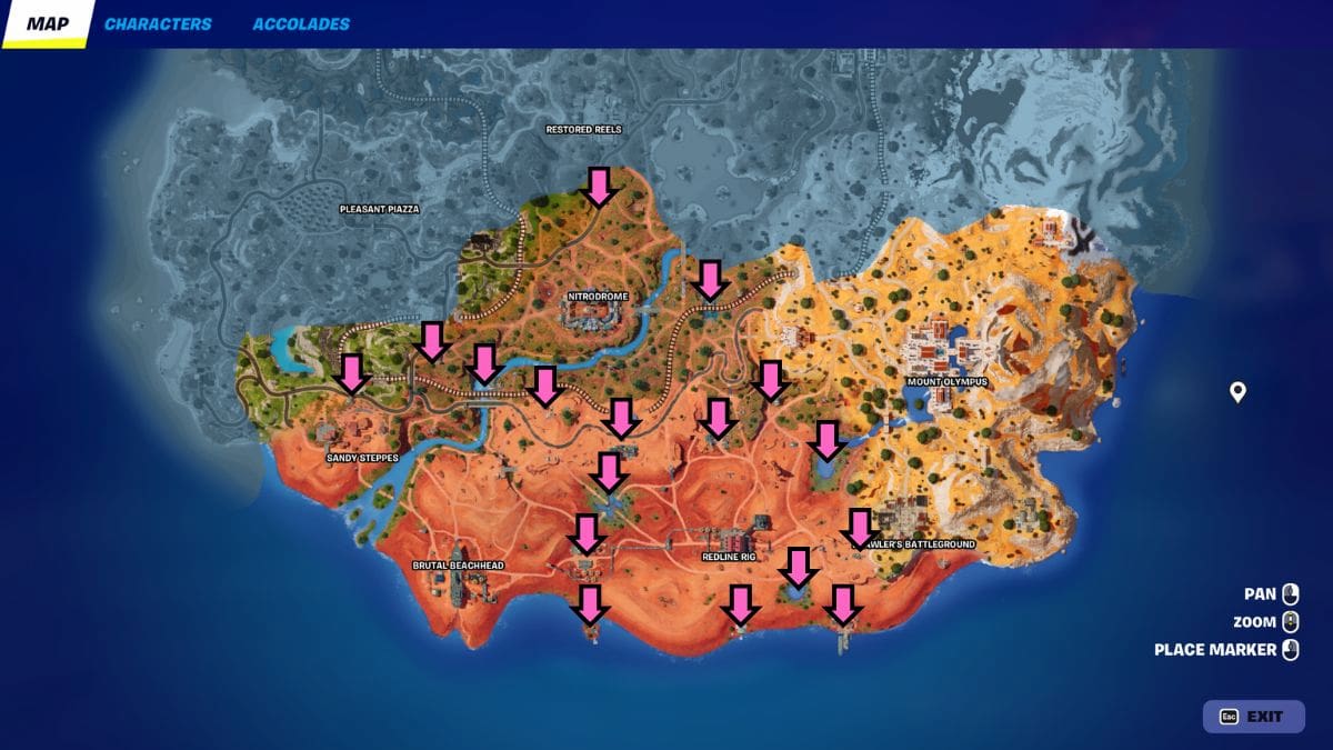 The southern part of the in-game Fornite map with locations of all containers near Wasteland Landmarks in Fortnite