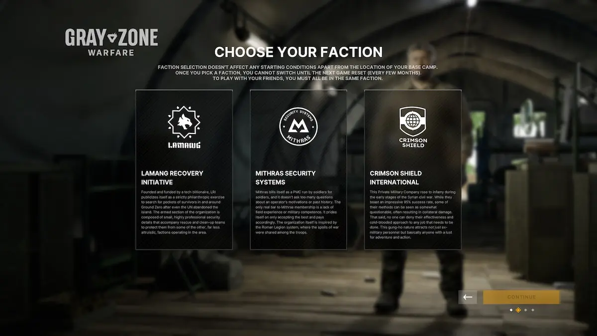 The faction selection screen in Gray Zone Warfare.
