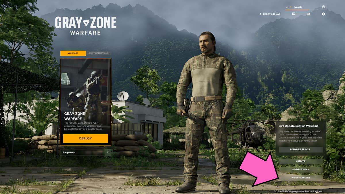 The main menu screen in Gray Zone Warfare with an arrow pointing at "Wipe Character".