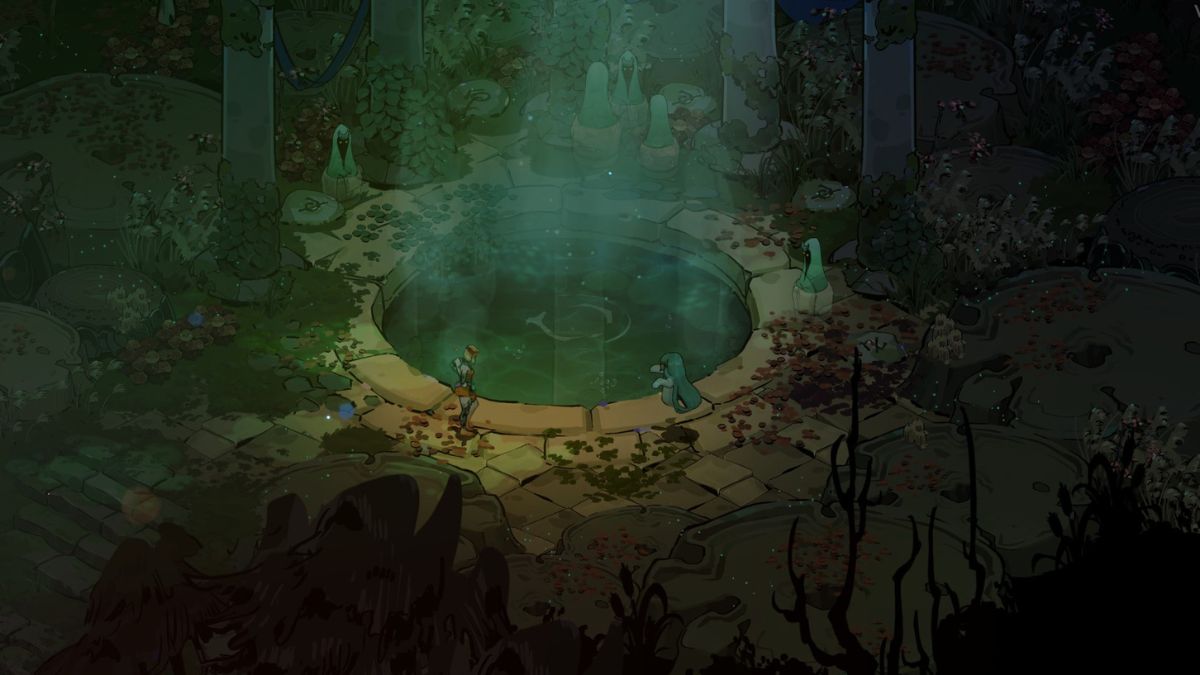 Melinoe and Dora at the Hot Springs in Crossroads in Hades 2