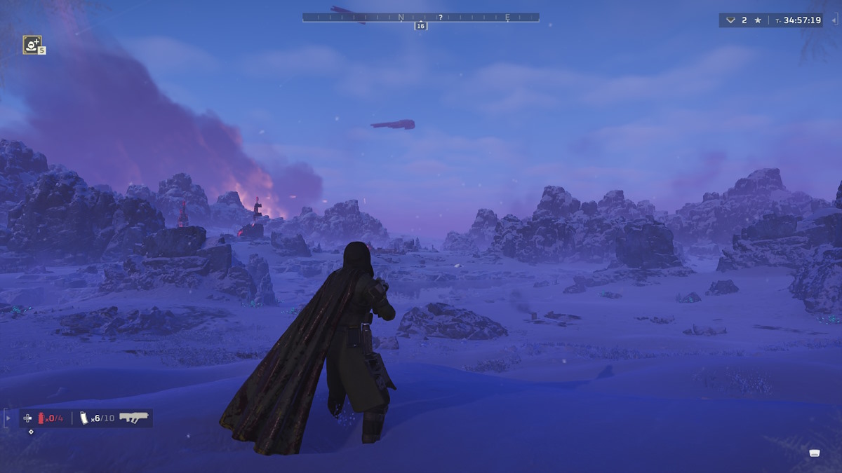 Player overlooking a snowy landscape in Helldivers 2.