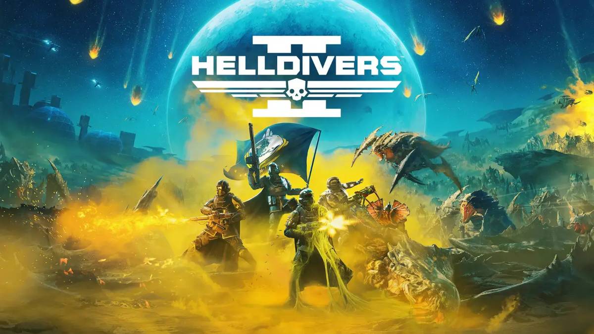 Helldivers 2 promo featuring characters posing with guns