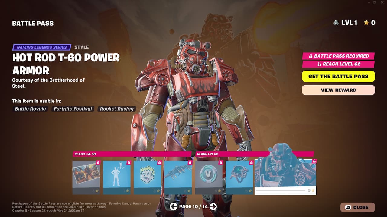 The Hot Rod T-60 Power Armor in Fortnite's Battle Pass screen