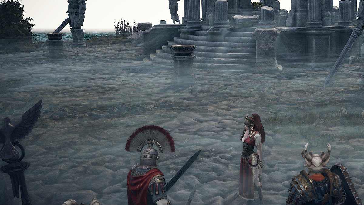 Albina in the torch-lighting cutscene in King Arthur: Legion IX