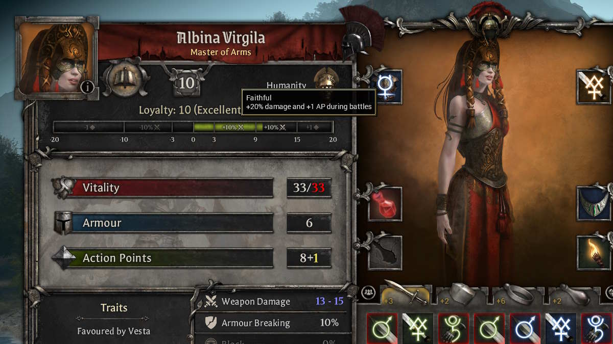 Albina character sheet with a loyalty bonus in King Arthur: Legion IX 