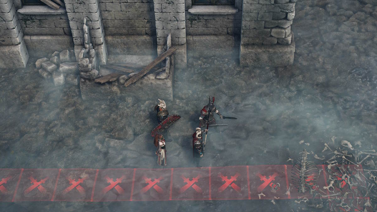 Avoid starting a battle by going past the red squares in the Colony quest in King Arthur: Legion IX