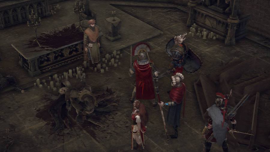 Talking to the trader after saving him in King Arthur: Legion IX