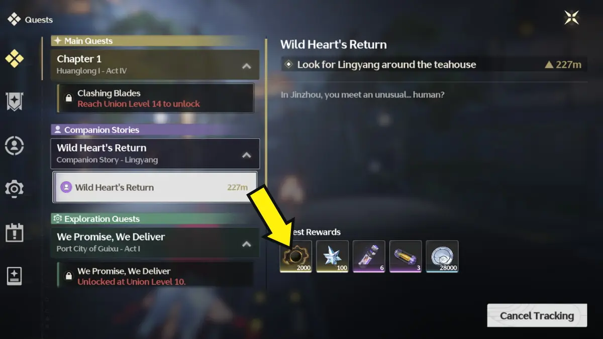 Wuthering Waves quest menu pointing at Union EXP 