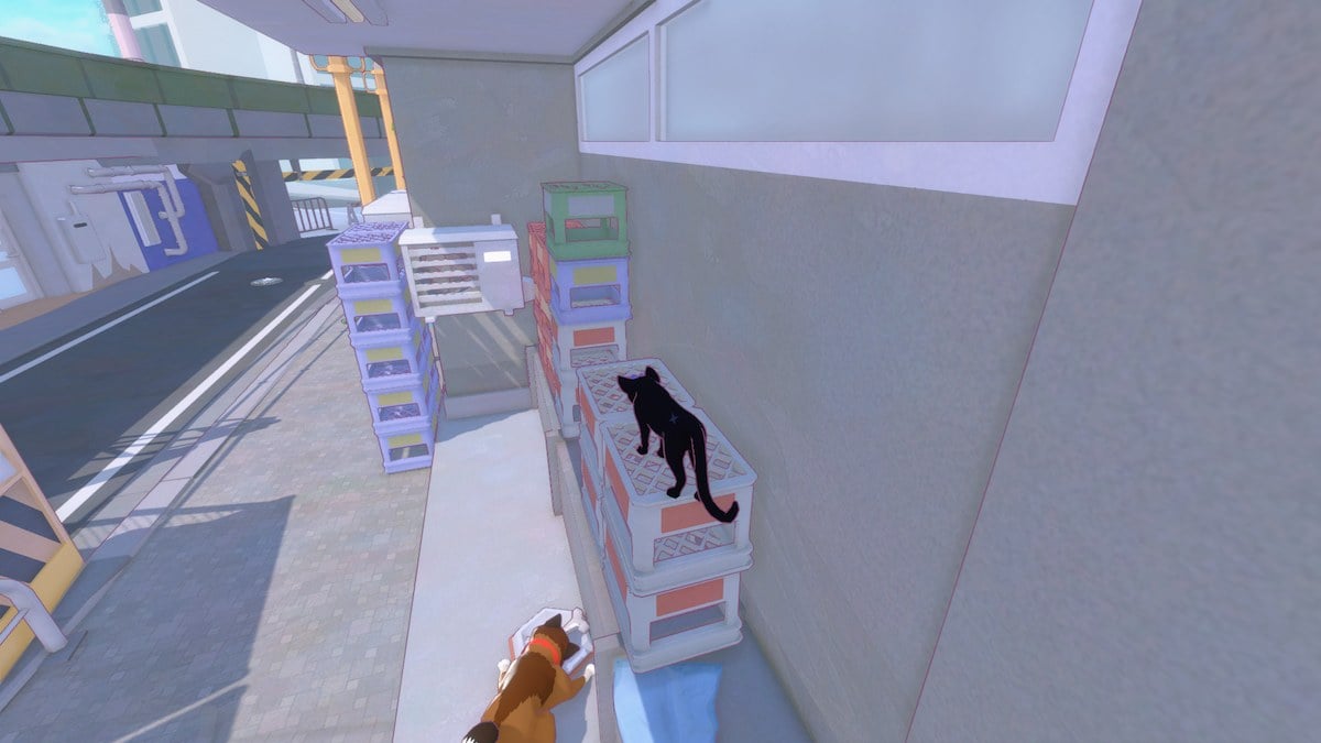 Little kitty climbs crates above a dog in Little Kitty, Big City. 
