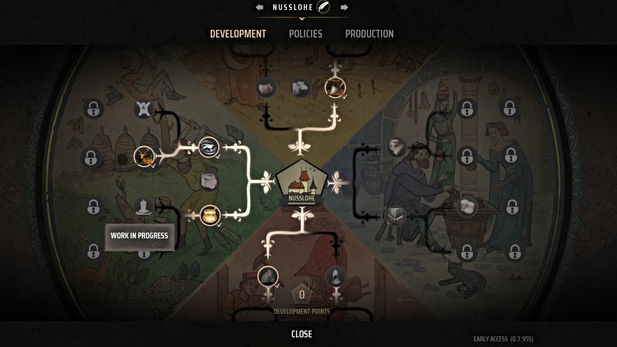 The Development skill tree in Manor Lords with beekeeping unlocked