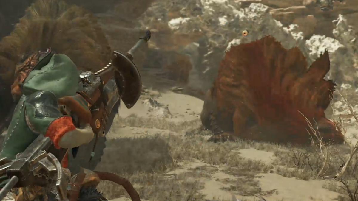 Monster Hunter Wilds character shooting a gun at a Doshaguma.