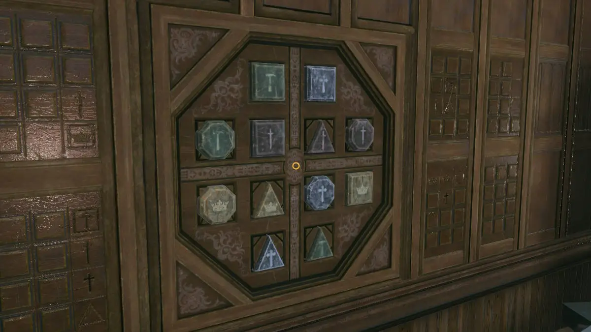 The back wall puzzle in the Dean's office in Nancy Drew: Mystery of the Seven Keys