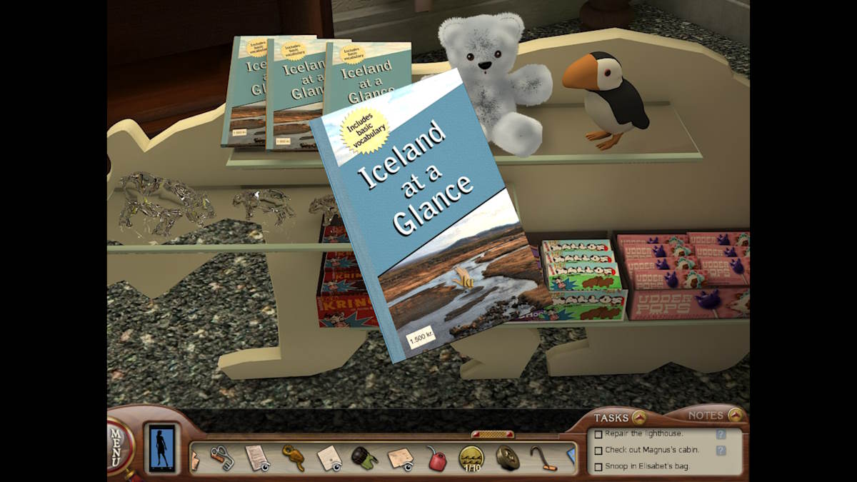 Buying the Iceland at a Glance book in the shop in Nancy Drew: Sea Of Darkness
