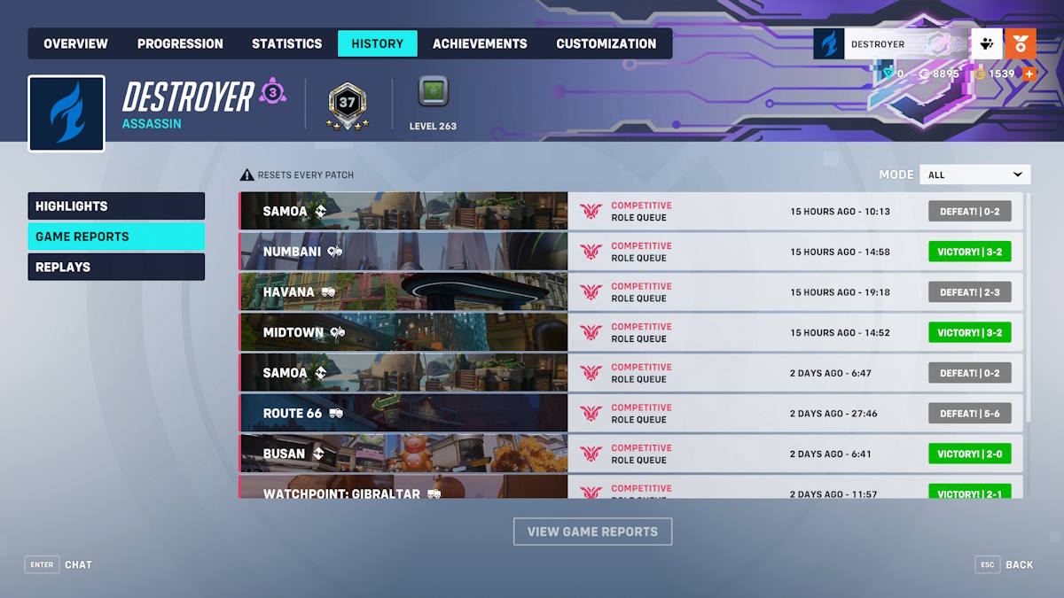 Win/loss record screen in Overwatch 2