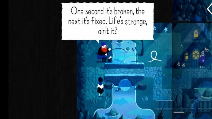 Paige talking to the fisherman after fixing the bidge in Paper Trail.