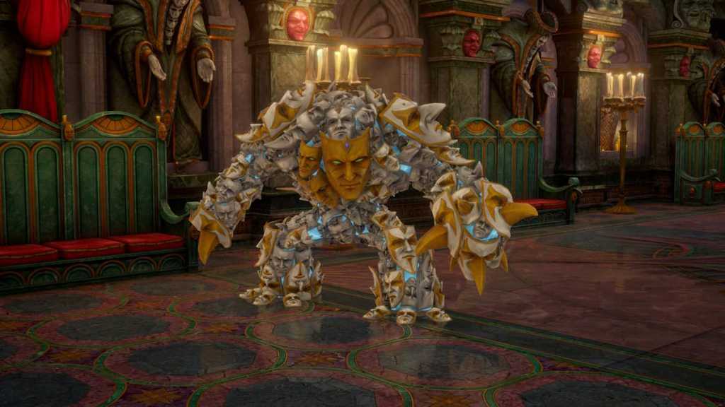 Golem with many faces posing in Pathfinder Dance of Masks DLC