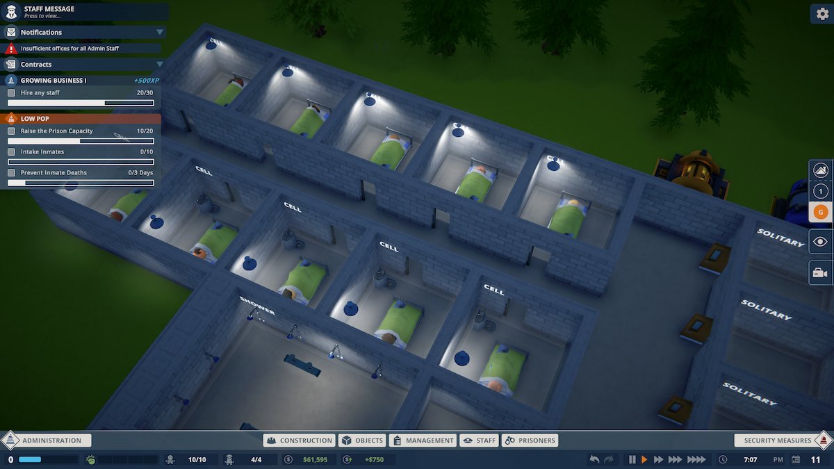 A cellblock build by a player in Prison Architect 2.
