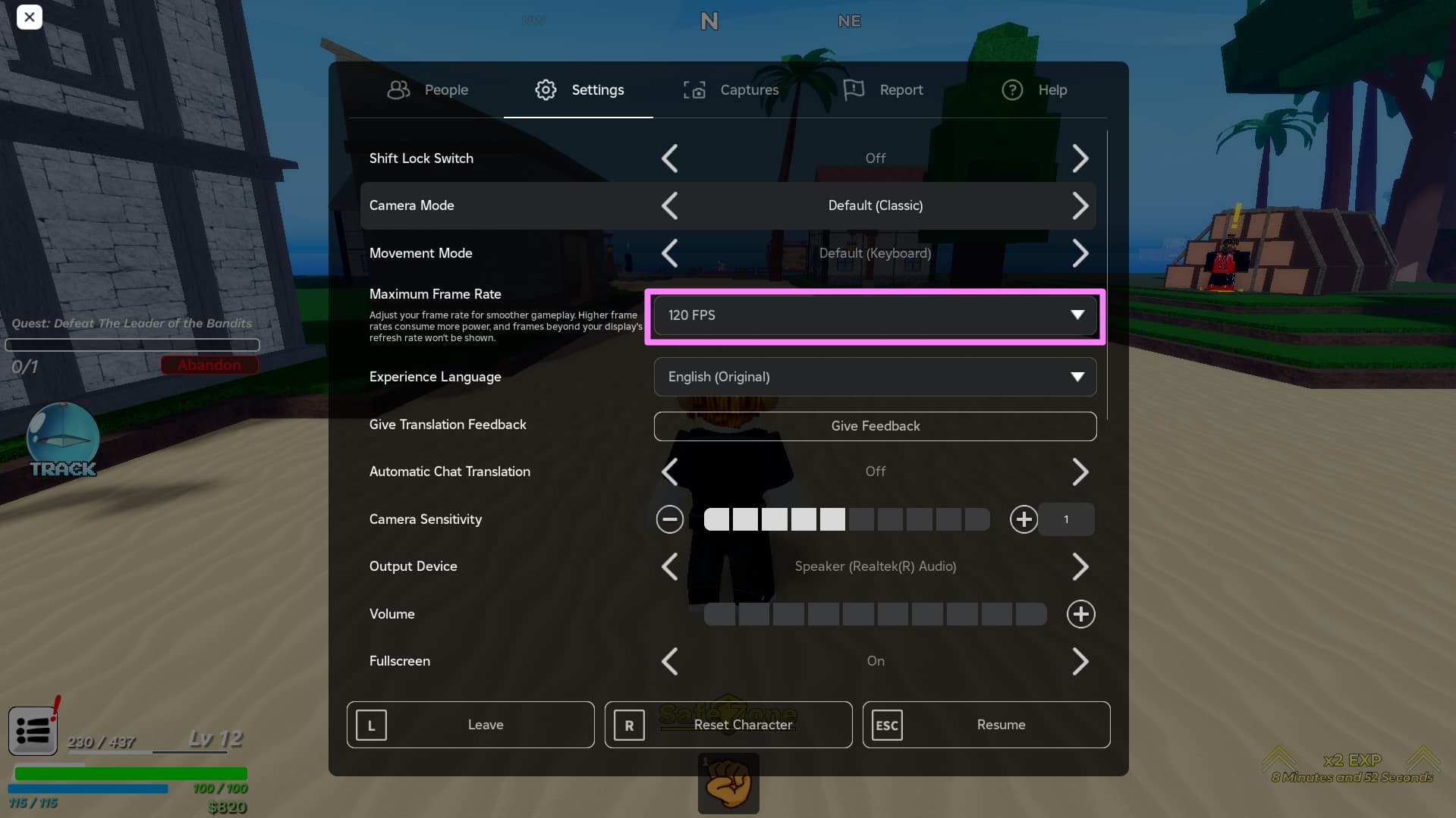 Roblox in-game settings menu showing framerate option