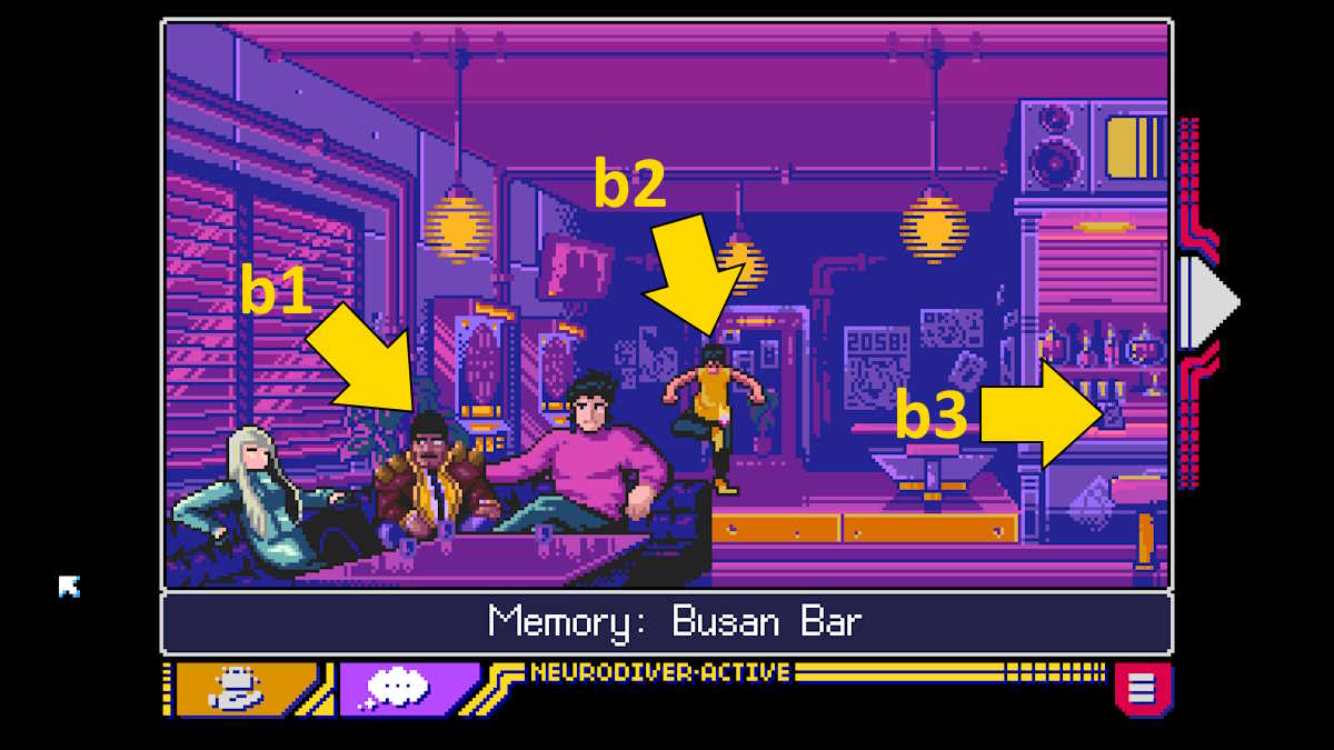 Entering the busan bar in Read Only Memories: Neurodiver