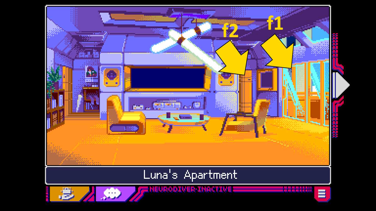 Exploring Luna's apartment in Read Only Memories: Neurodiver 