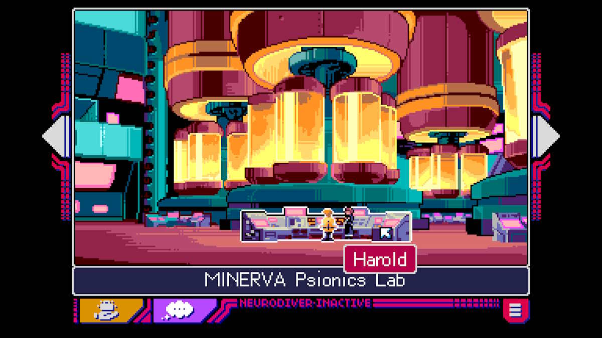 Speaking to Harold and Trace in the lab in Read Only Memories: Neurodiver