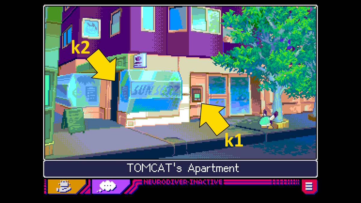 Arriving at Tomkat's apartment in Read Only Memories: Neurodiver