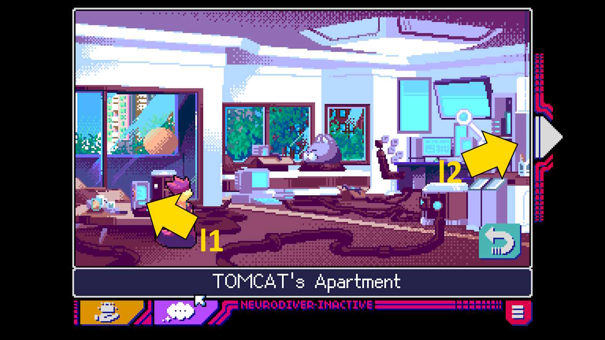 Exploring tomkat's apartment in his dream in Read Only Memories: Neurodiver