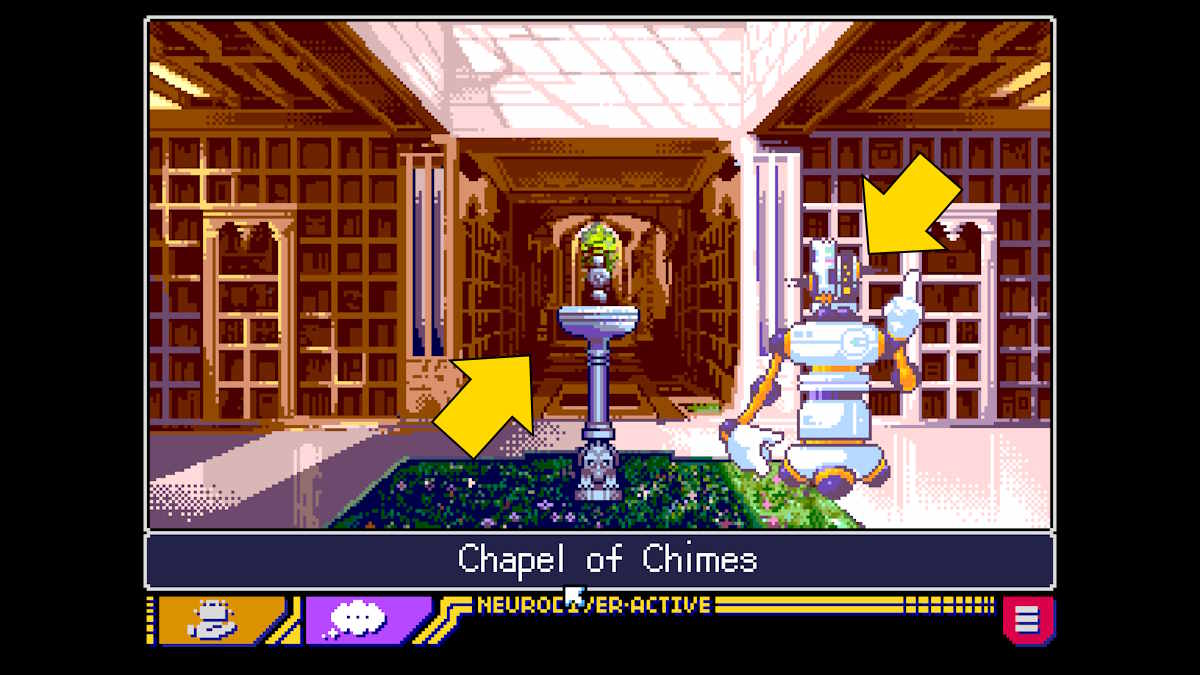 Exploring the chapel entrance in Read Only Memories: Neurodiver