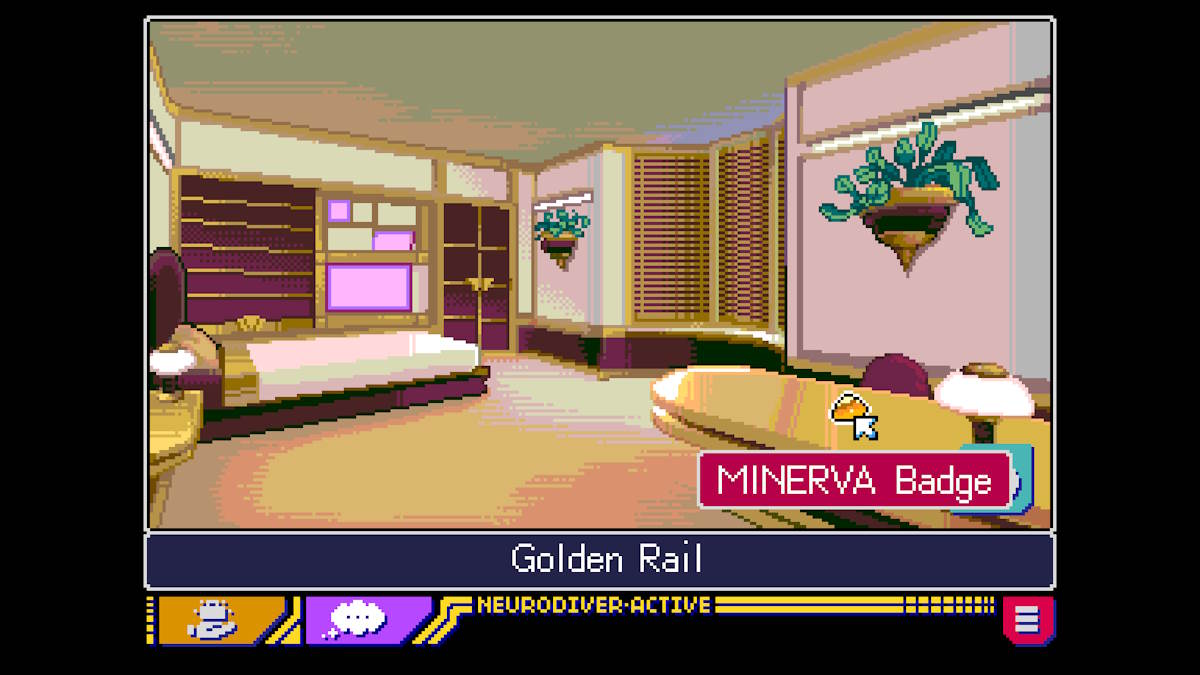 Picking up the minerva badge in Read Only Memories: Neurodiver