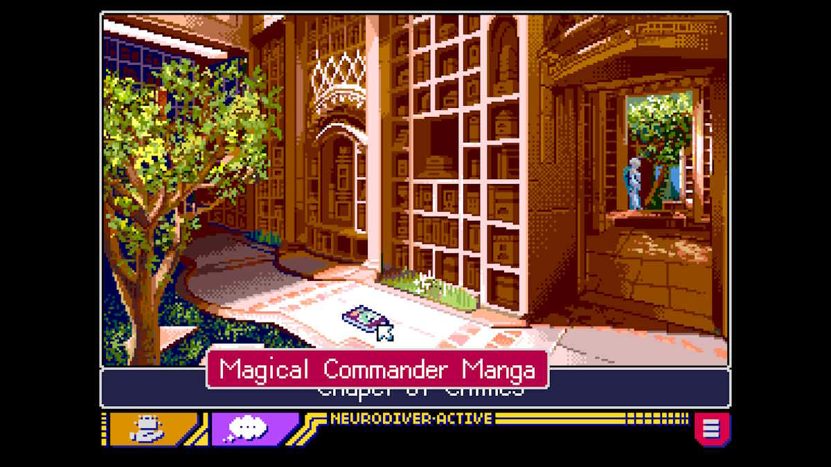 Picking up the manga in the chapel in Read Only Memories: Neurodiver