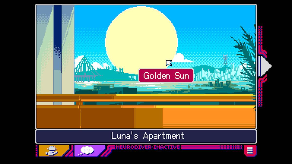 clicking the golden sun on yoor balcony in Read Only Memories: Neurodiver