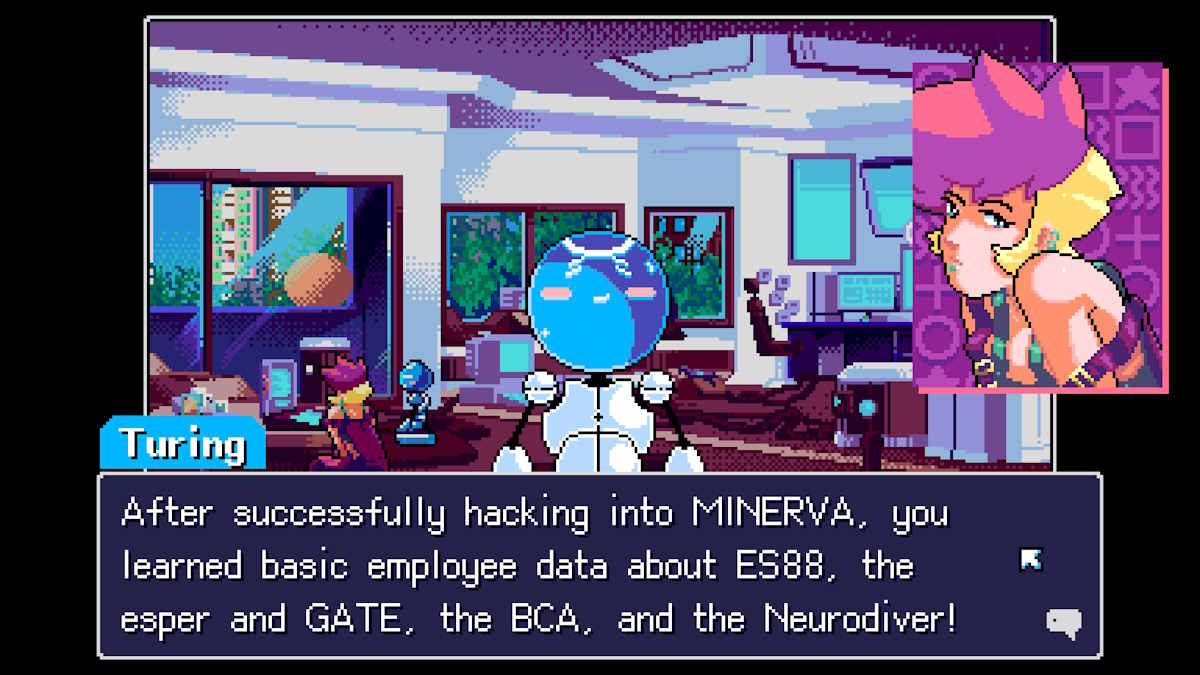 Turing talking to Tomkat in Read Only Memories: Neurodiver