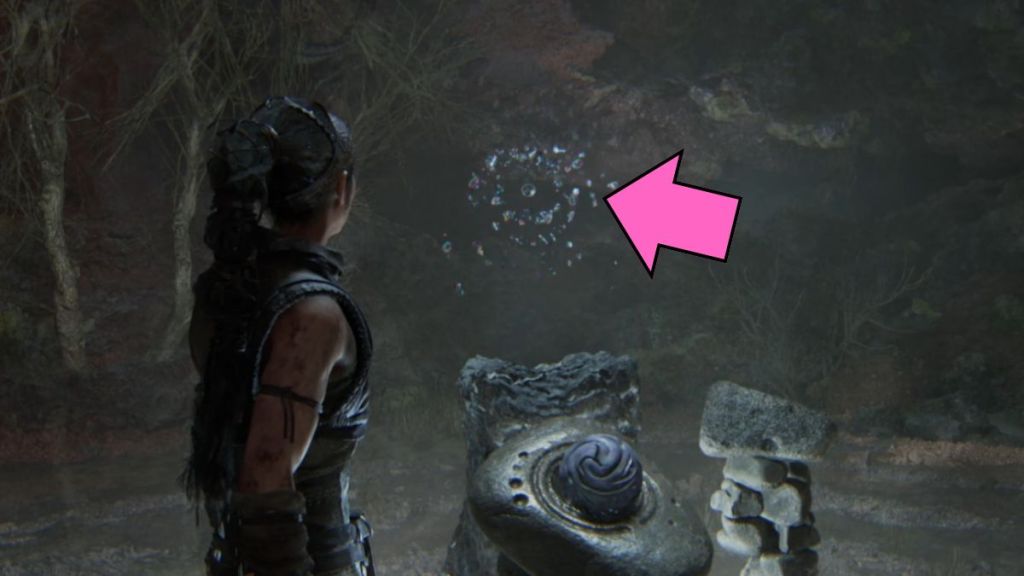 Bubbles to flip the patch of stone during the Hiddenfolk test in Senua's Saga: Hellblade II